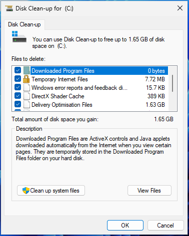The Disk Cleanup window with selected items to delete.