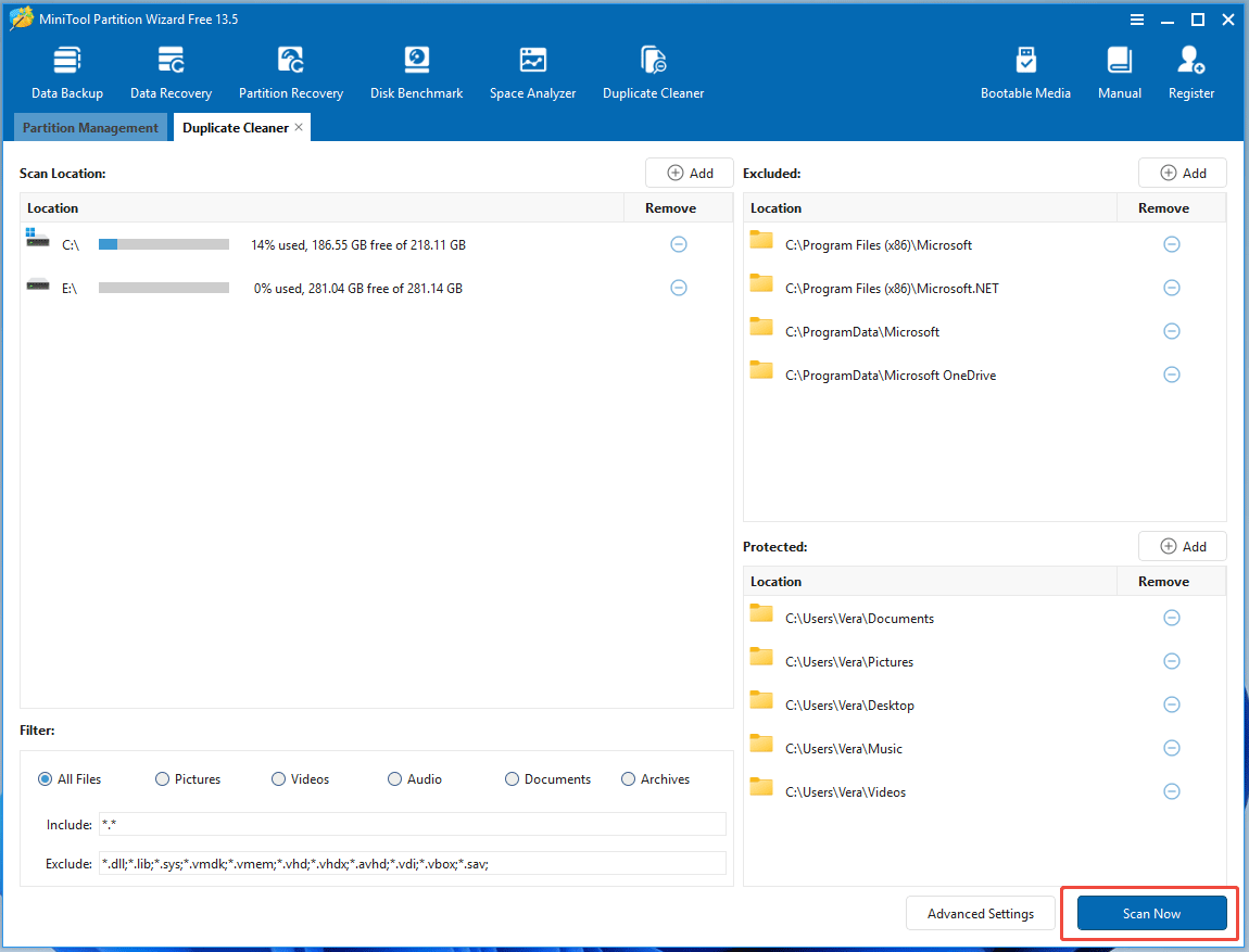 The Duplicate Cleaner interface in MiniTool Partition Wizard to delete duplicate files.