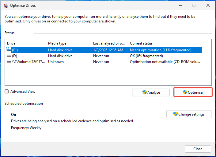 The Optimise Drives window with the selected Optimise button to defragment an HDD.
