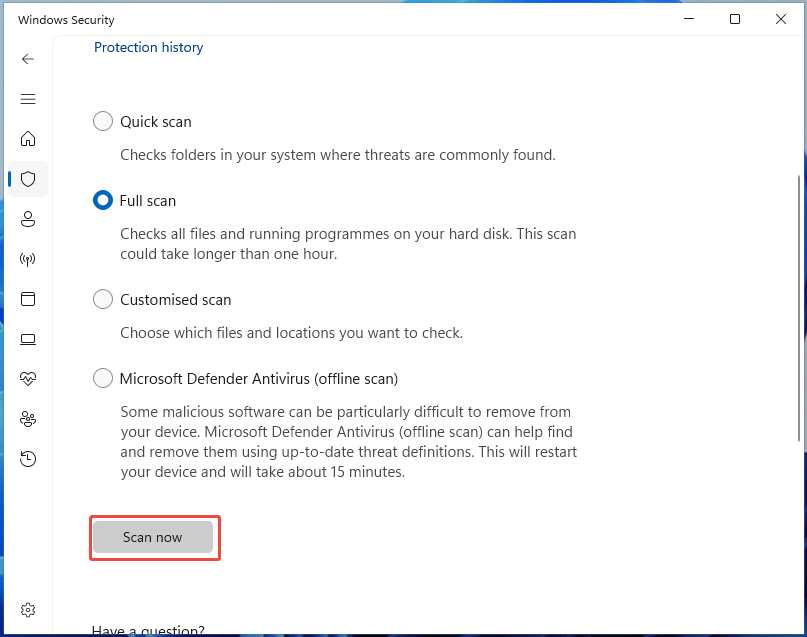 The Windows Security interface with the selected Scan now button for a full scan.
