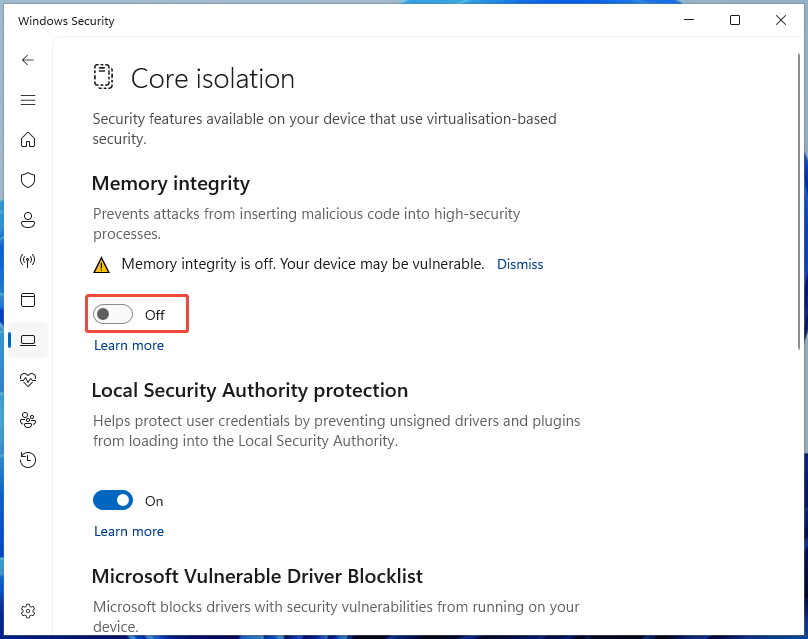 The Core isolation window in the Windows Security interface showing disabled Memory integrity.