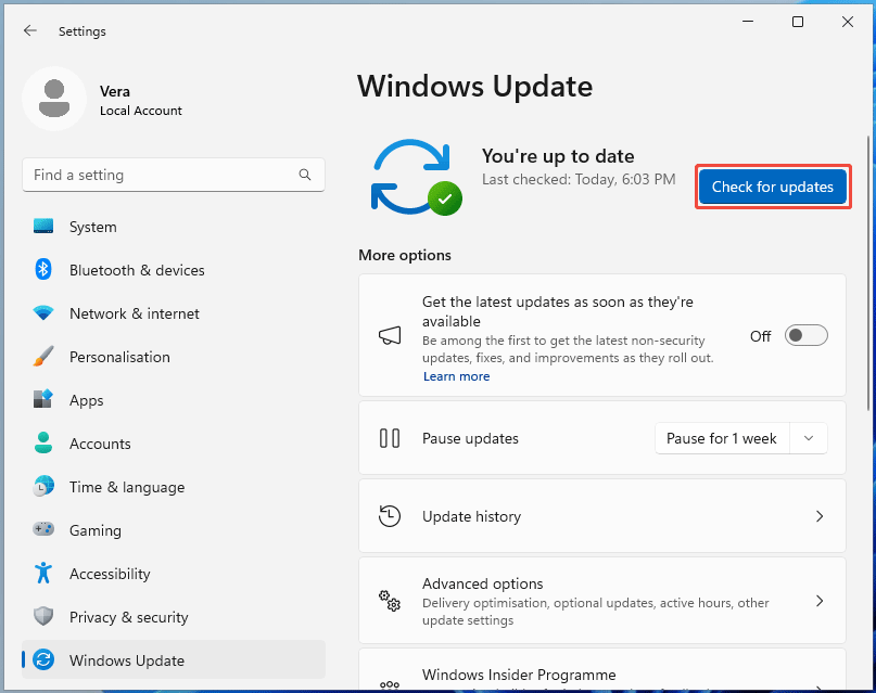 The Windows Update interface in Settings to check for updates.