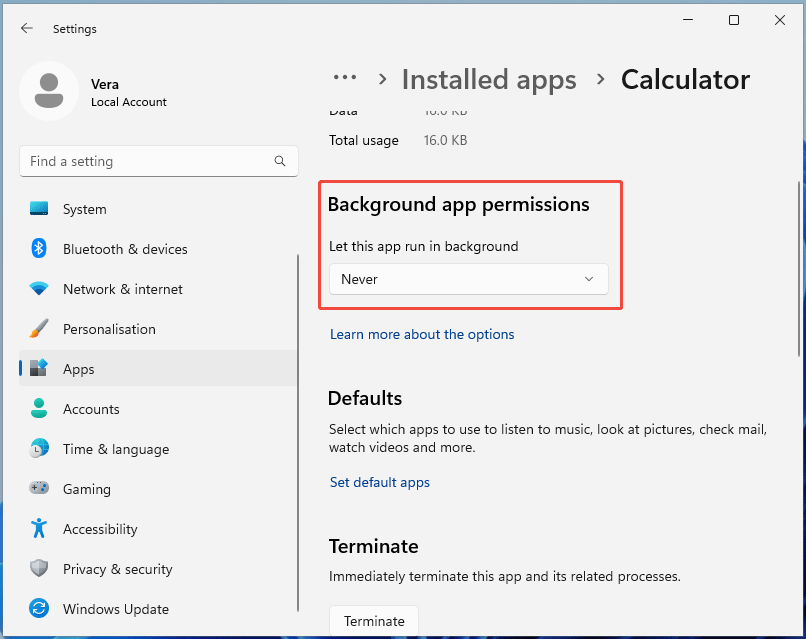 The Settings page showing how to let an app never run in the background.