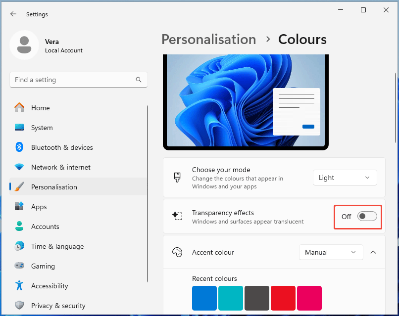 The Personlisation tab in Windows 11 Settings with the disabled Transparency effects option.