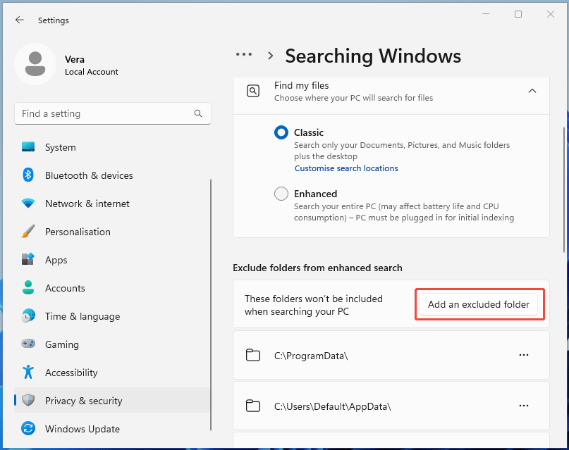 The Search Windows interface of the Privacy & security tab in Settings with Add an excluded folder selected.