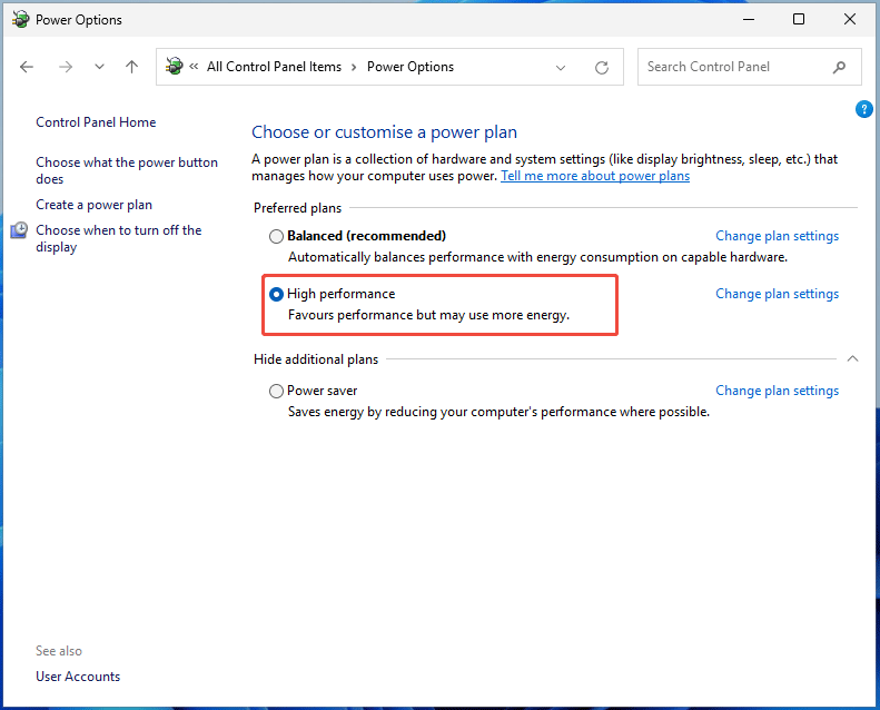 The Power Option window in Control Panel with High performance selected.