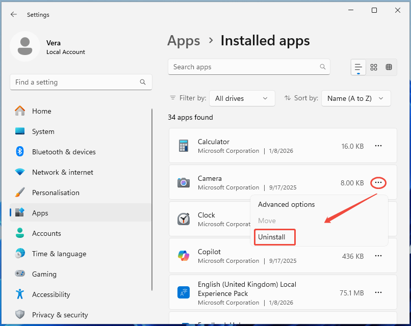 The Install apps window under the Apps tab in Settings with selected three dots and Uninstall.