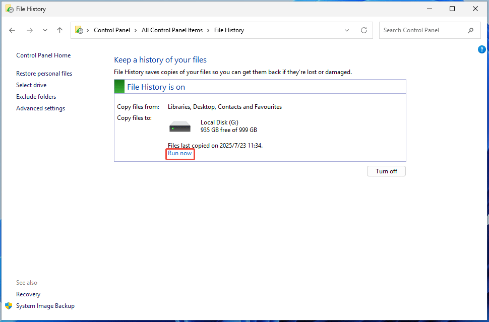 Historial de archivos de Windows 11