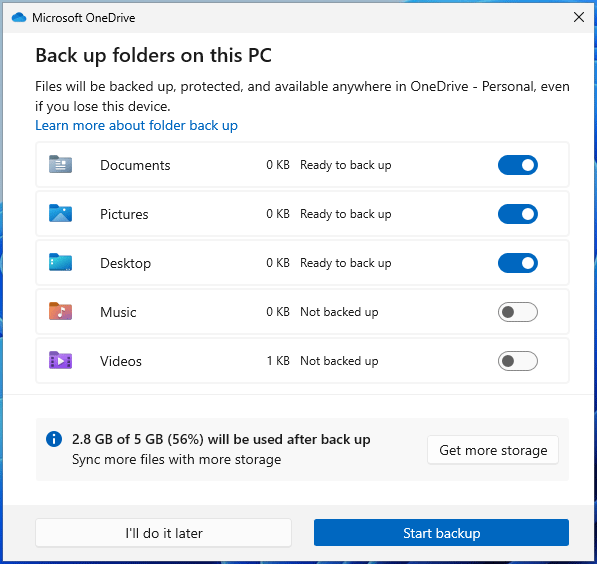 Iniciar cópia de segurança no OneDrive