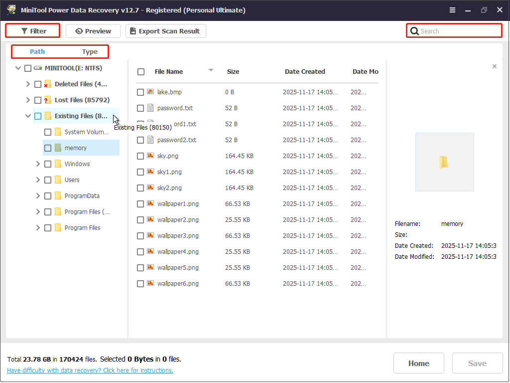 The MiniTool Power Data Recovery scan results page with Path, Type, Filter, and Search selected, showing how to find files.