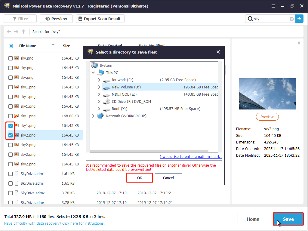 MiniTool Power Data Recovery interface showing save paths, with a target path and the Save button selected to recover files.