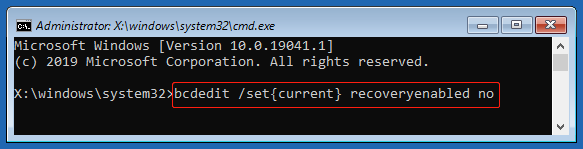 The Command Prompt window with a command running to disable automatic repair at startup.