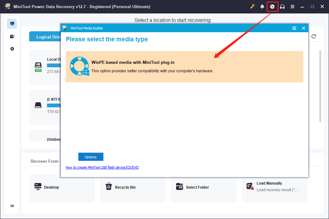 The MiniTool Power Data Recovery interface with a disk icon selected, showing a MiniTool Media Builder window.