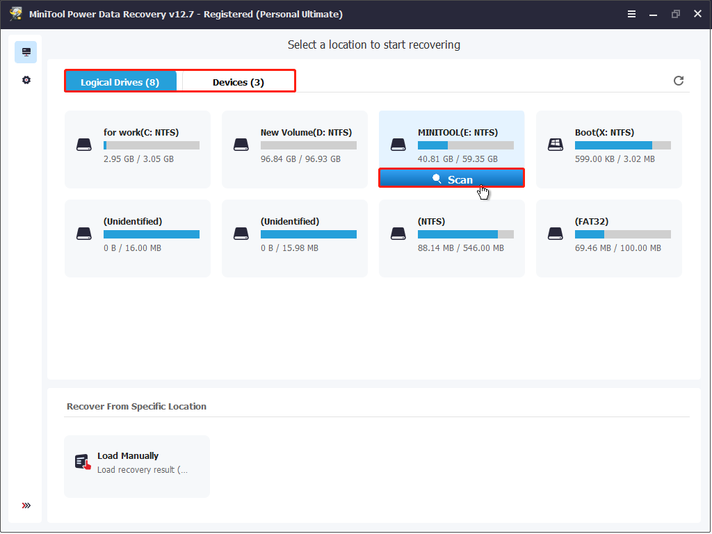 The MiniTool Power Data Recovery interface showing all drives, with the target one selected and the Scan icon highlighted.