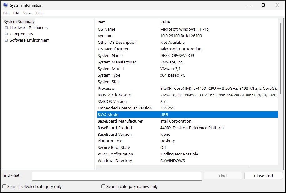The System Information window with highlighted BIOS Mode.