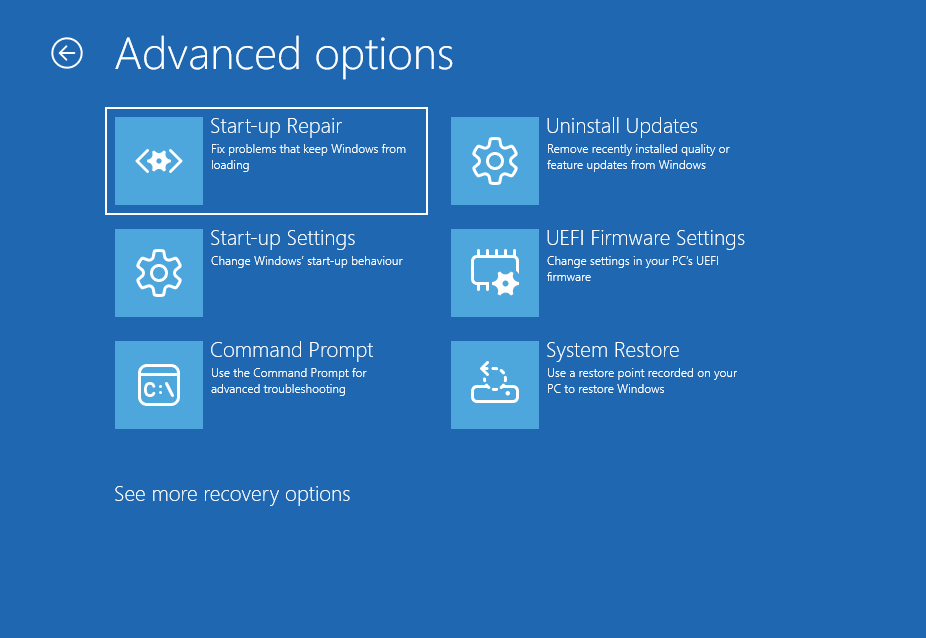The Advanced options interface in WinRE with selected Startup Repair.