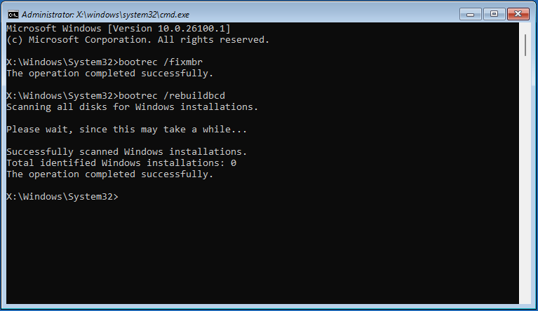The Command Prompt window in WinRE showing bootrec fixmbr and rebuildbcd commands.
