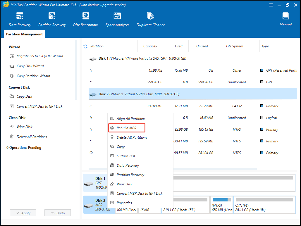 The MiniTool Partition Wizard window with Rebuild MBR selected.