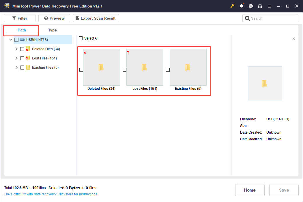 MiniTool Power Data Recovery window showing the folders under Path, including Deleted Files, Lost Files, and Existing Files.