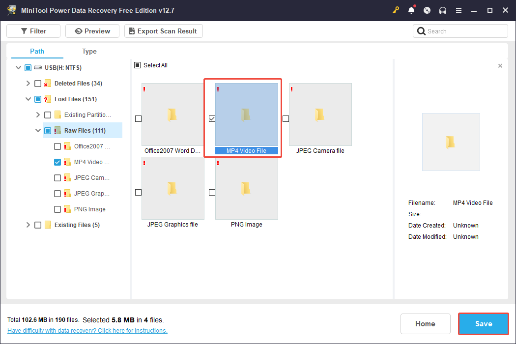 MiniTool Power Data Recovery interface displaying the checked videos to recover, with the Save button highlighted.
