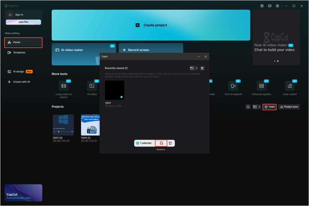 The Trash interface in CapCut showing the recently moved projects, with Home, Trash, and Restore highlighted.