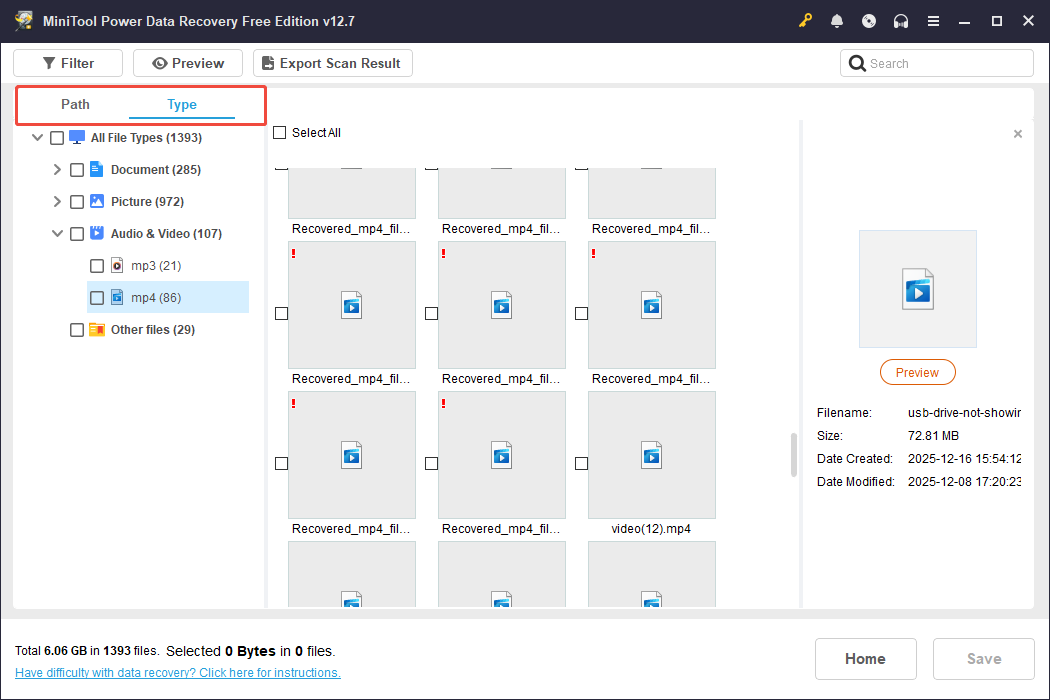 MiniTool Power Data Recovery interface showing the videos for mp4 file format, with Path and Type selected.