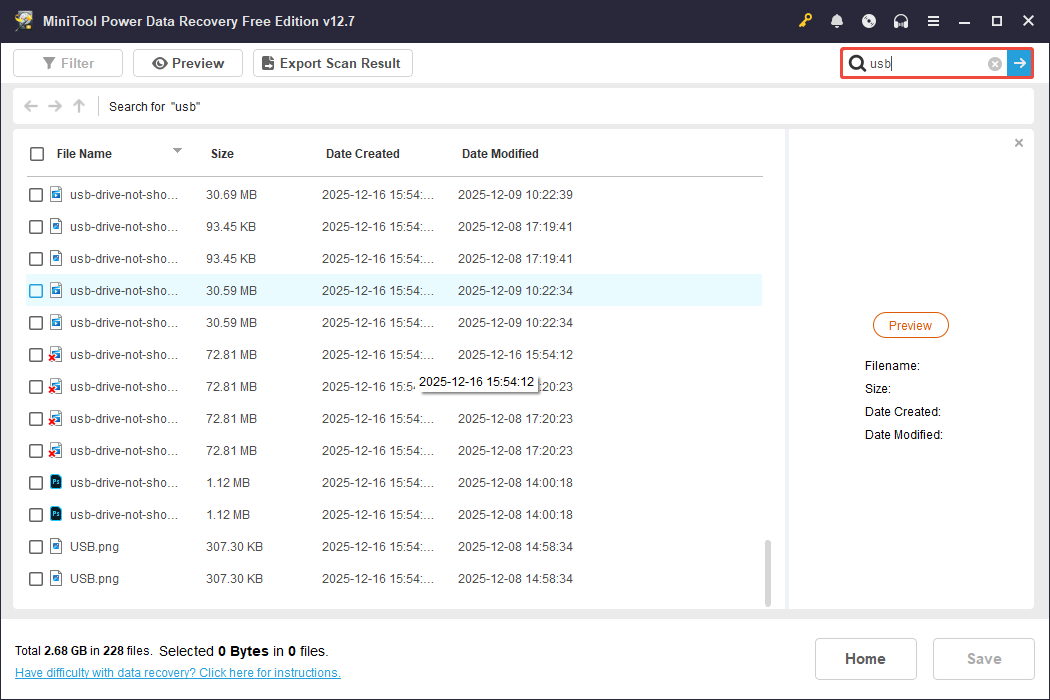The scan results interface in MiniTool Power Data Recovery showing the search results for usb, with the search bar selected.