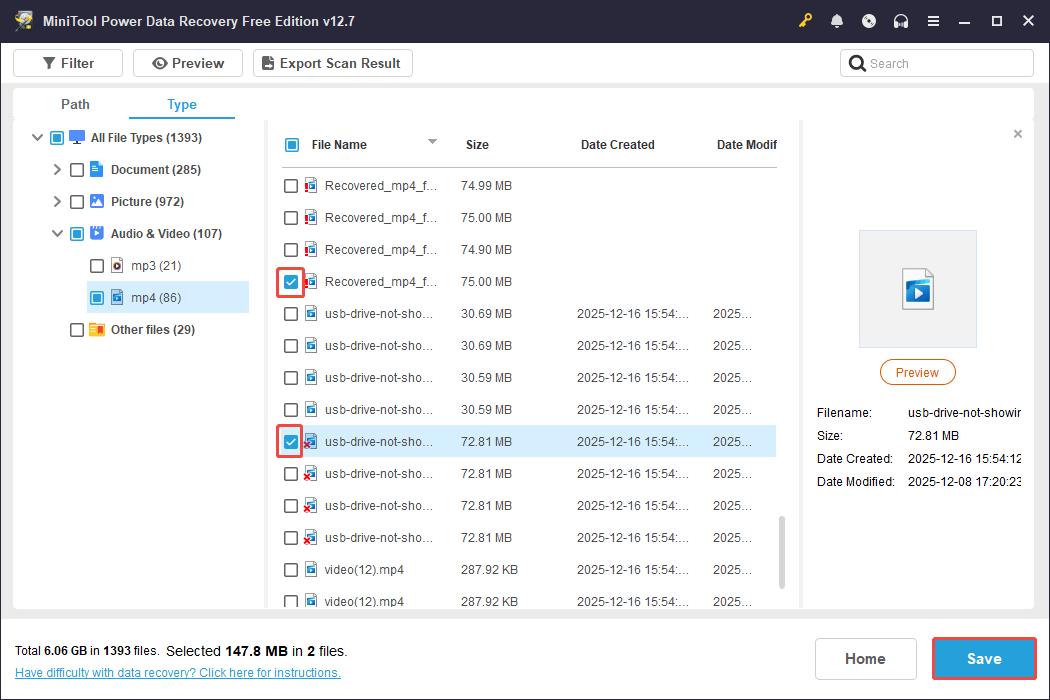 MiniTool Power Data Recovery interface displaying the selected files, with the Save button and checked boxes selected.