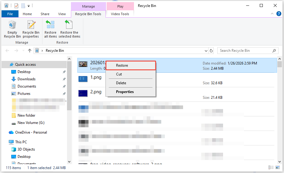 The Recycle Bin interface showing the recently deleted items on PC, with the Restore button highlighted.