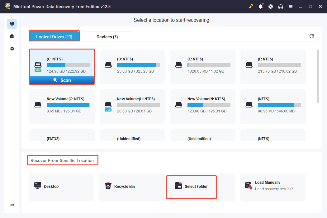 MiniTool Power Data Recovery interface showing detected partitions, with Logical Drives, Scan, and Select Folder selected.