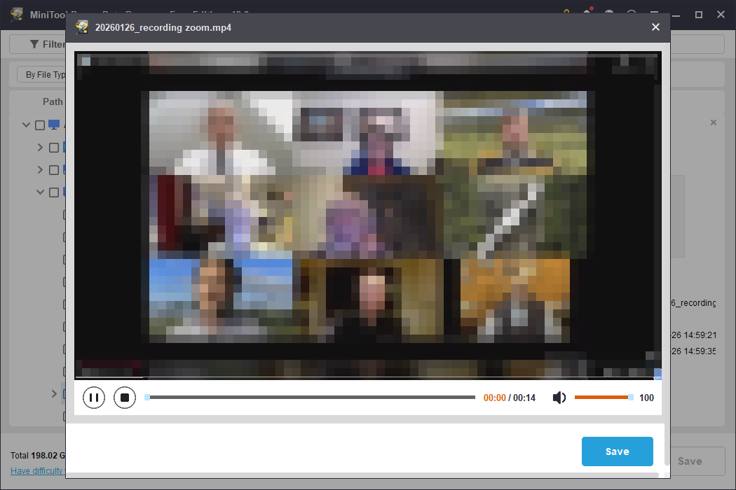 The preview window in MiniTool Power Data Recovery showing a Zoom meeting’s recording to confirm its integrity.