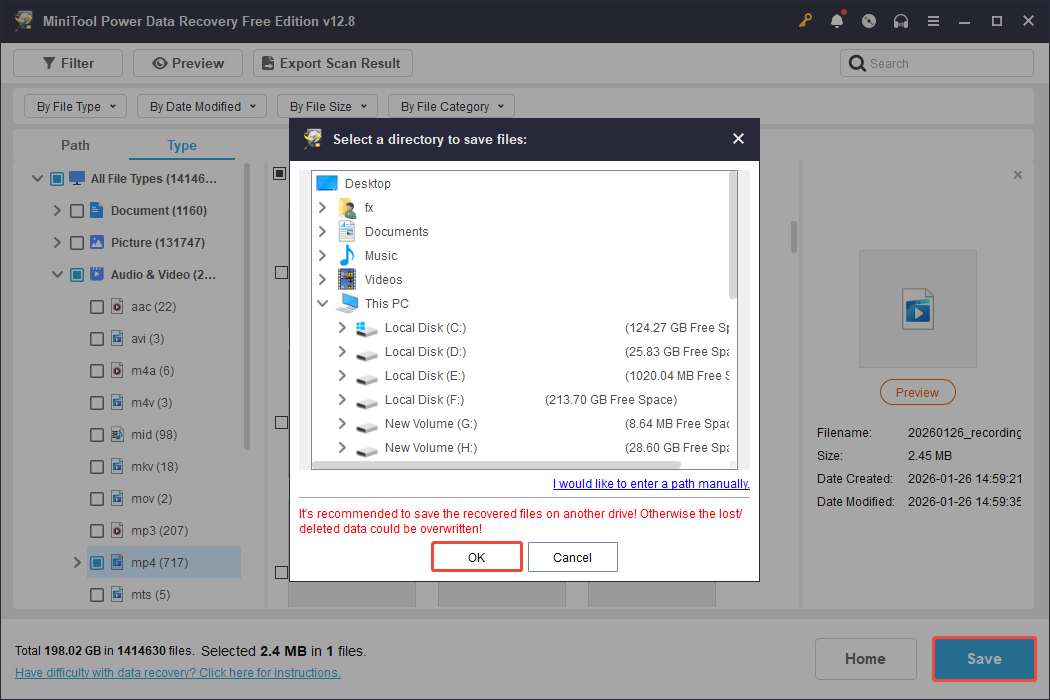 MiniTool Power Data Recovery interface showing the save location, with the Save and OK buttons highlighted.