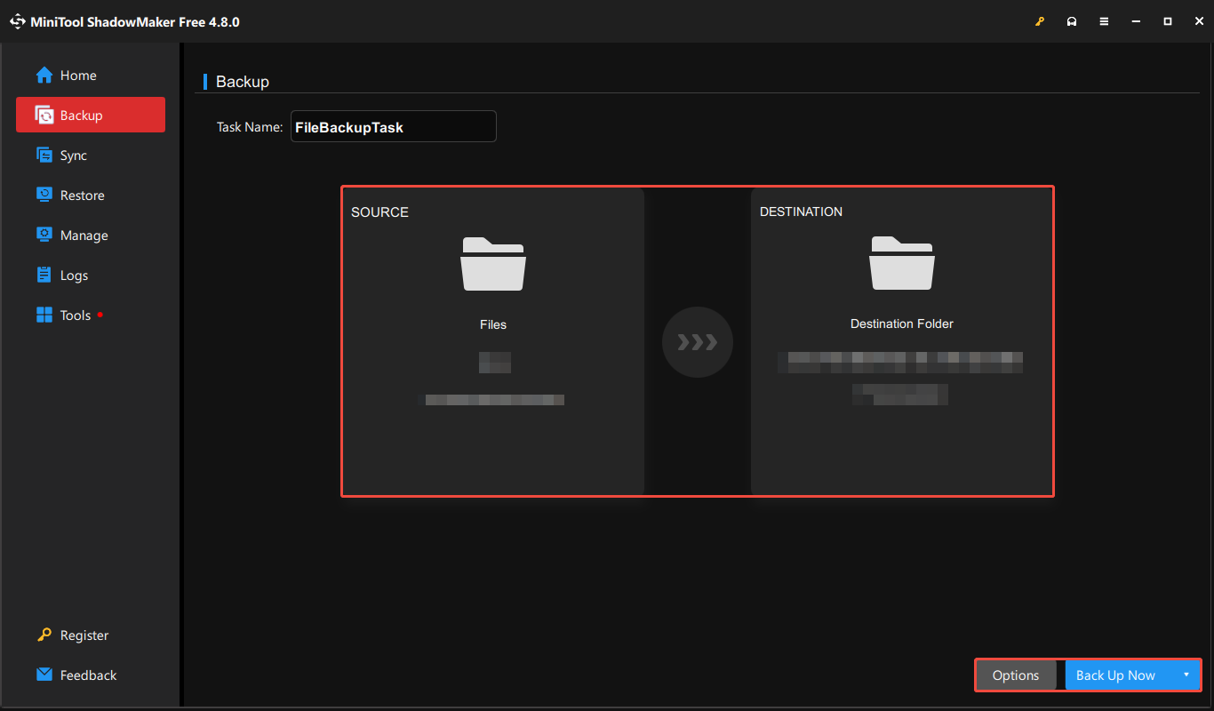 MiniTool ShadowMaker interface showing the backup SOURCE and DESTINATION, with Back Up Now and Options selected.