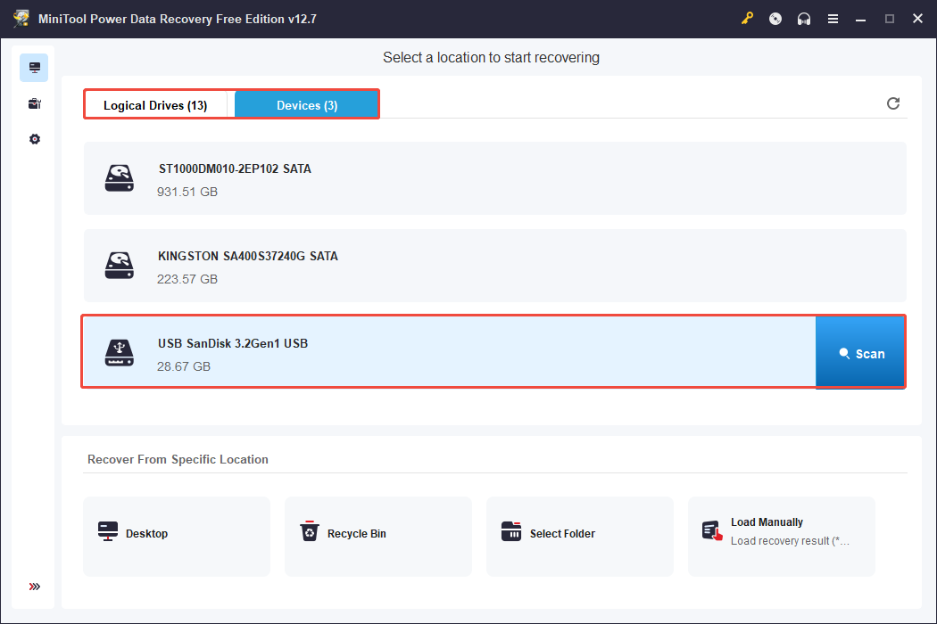 The Devices interface in MiniTool Power Data Recovery showing the connected drives in your PC, with the Scan button selected.