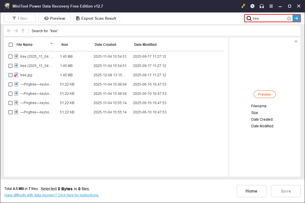 MiniTool Power Data Recovery interface displaying the search result for the keyword tree, with the search bar highlighted.