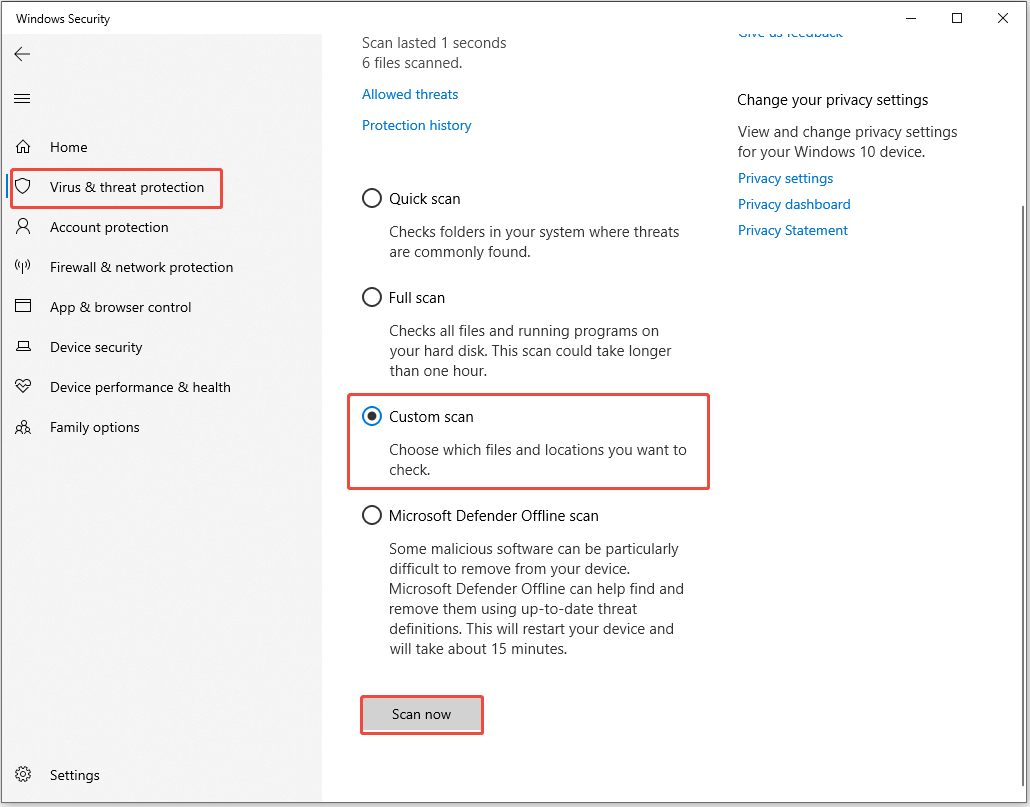The Virus and threat protection interface showing the scan options, with Custom scan and the Scan now button selected.