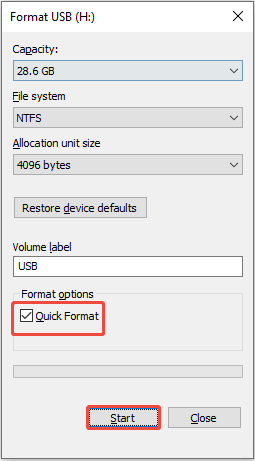 The Format USB interface in File Explorer showing the USB formatting information, with Quick Format and Start selected.