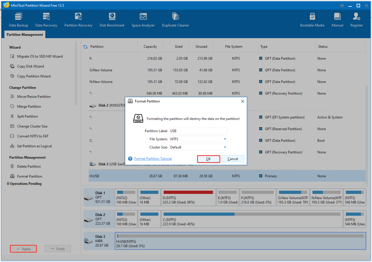 The Format Partition window in MiniTool Partition Wizard showing the USB formatting information, with OK and Apply selected.