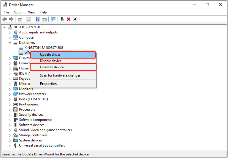 actualizar o desinstalar el controlador de disco en el Administrador de dispositivos
