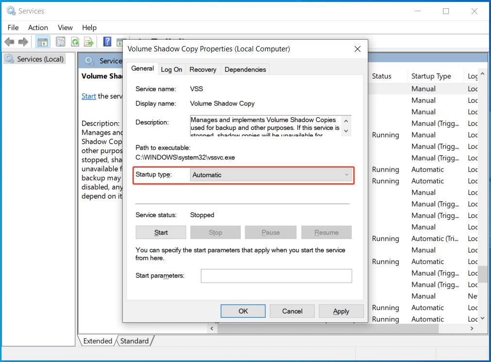 Configure o serviço de Cópias de Sombra de Volume para automático.
