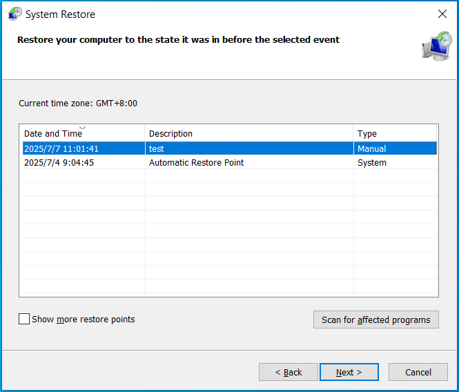 Seleccione un punto de restauración