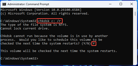 The Command Prompt window with the CHKDSK command.