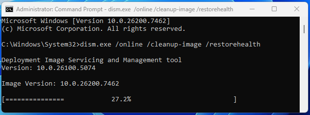 The Command Prompt window with the DISM online cleanup image restorehealth command.