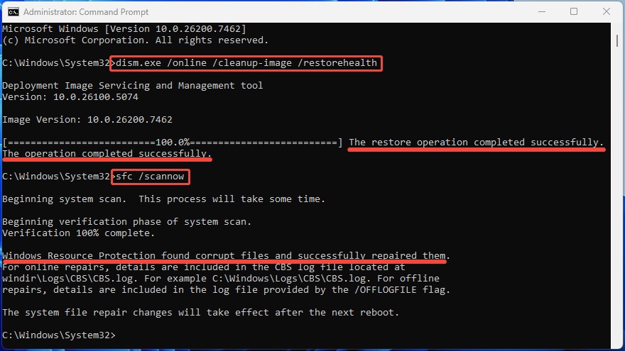The Command Prompt window with the DISM repair and SFC scannow success message.