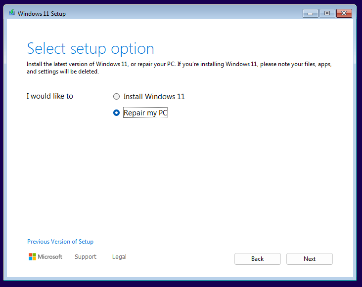 The Windows 11 Setup interface with the selected Repair my PC option.