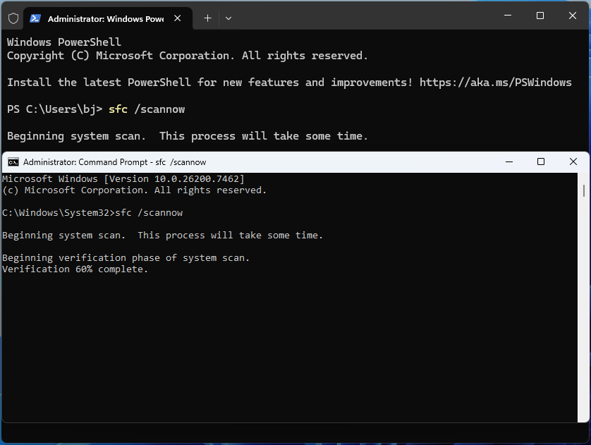 The Windows PowerShell and Command Prompt windows with the sfc scannow command.