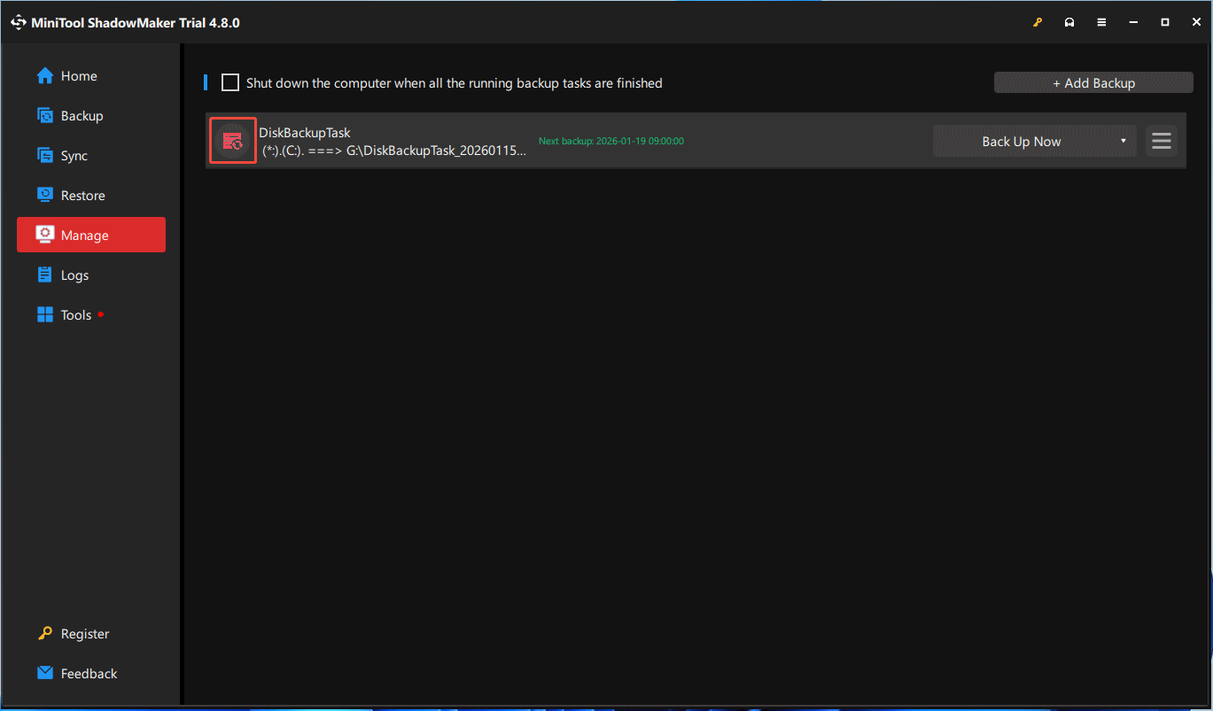 The Manage tab of MiniTool ShadowMaker with the backup task in progress.