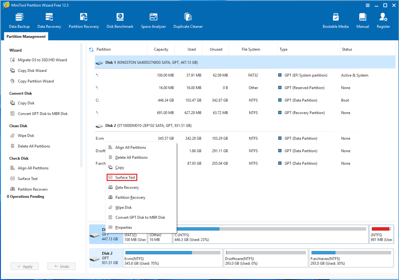 MiniTool Partition Wizard interface with the selected Surfest Test option on the disk right click menu.