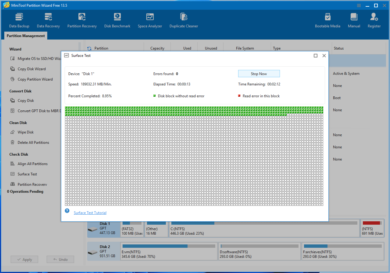 MiniTool Partition Wizard interface with the running Surfest Test window.