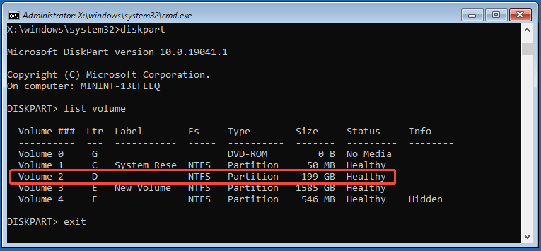 The Command Prompt window in WinRE showing the list volume command.